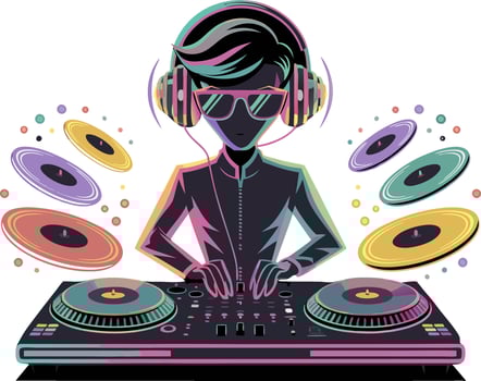 Vibrant DJ Mixing Music with Turntables Headphones and Floating Vinyl Records vector
