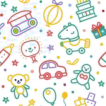 a colorful pattern with toys and other items vector
