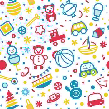 a colorful pattern with toys and other items vector
