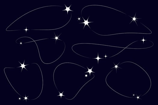 Set White Stars, Lines aesthetic y2k on dark background. Shining. Collection Abstract shape. Glitter, Sparks with outline Chalk drawn. Glimmer of magic, sorcery. Glare and lines. illustration vector