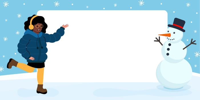 Joyful girl enjoying winter with a snowman in a snowy environment vector