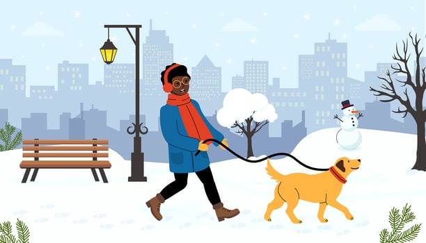 Enjoying a winter stroll with a dog in a snowy urban park setting vector