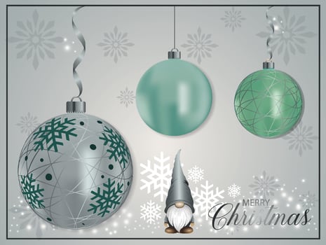 Holiday Xmas silver gnome character with Christmas baubles. vector