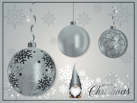 Holiday Xmas gnome character with silver Christmas baubles. vector
