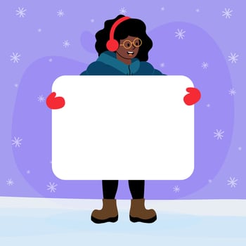 Joyful winter activity with a cheerful person holding a blank sign in snowy environment vector