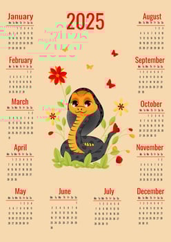 Calendar for 2025 with symbol of the year. Cute snake on orange background. Week starts on Monday. Illustration in vertical format A4, A5. vector