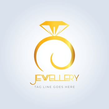 Diamond ring, jewellery logo, jewellery shop logo, golden color, unique shape, sparkle diamond, unique logo, creative logo, silver background vector