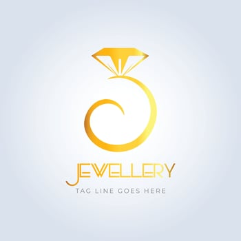 Jewellery shop logo, diamond ring, golden color, unique art, sparkle diamond, unique, creative idea, light blue background vector