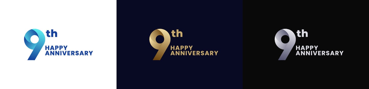 Abstract Twist Logo Anniversary 9th, 9th Happy Anniversary with Colorful Gradient, Luxury Gold and Elegant Silver. Editable file vector