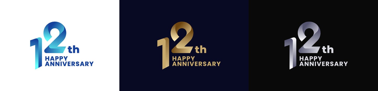 Abstract Twist Logo Anniversary 12th, 12th Happy Anniversary with Colorful Gradient, Luxury Gold and Elegant Silver. Editable file vector
