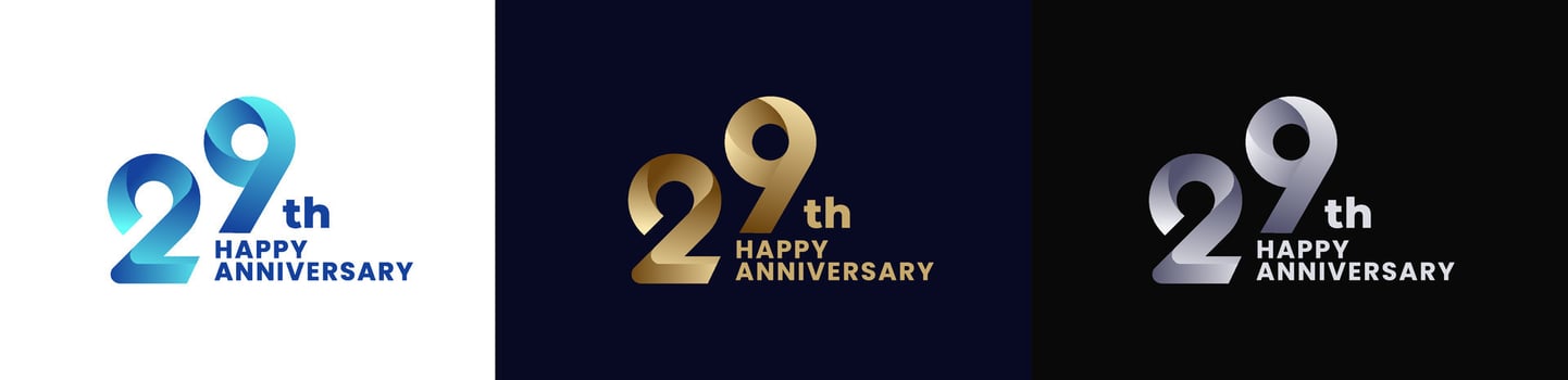 Abstract Twist Logo Anniversary 29th, 29th Happy Anniversary with Colorful Gradient, Luxury Gold and Elegant Silver. Editable file vector