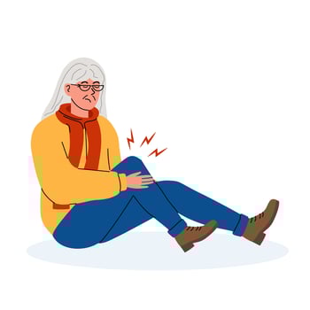An elderly woman sitting on the floor holds her knee in pain while experiencing discomfort vector