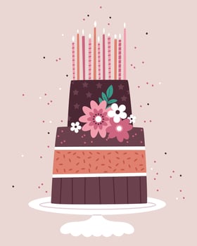 Beautiful two-story chocolate cake with candles and flowers in vintage colors. Birthday. Confetti. vector
