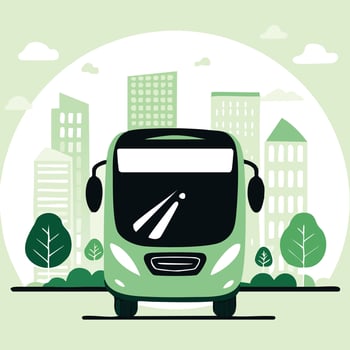 A front view of an electric green bus powered by renewable energy, surrounded by eco-friendly trees and sustainable buildings, showcasing an eco-conscious city with clean transportation solutions. vector