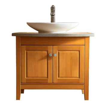 A wooden bathroom sink with a white bowl and a silver faucet png