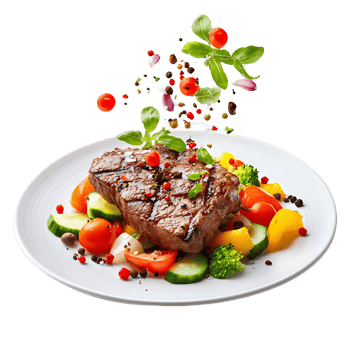 A plate of food with a piece of meat and vegetables on it png