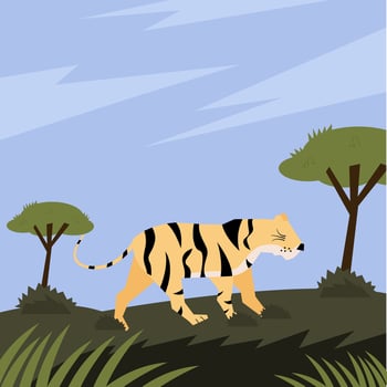 A tiger prowling through tall grass with scattered trees and a blue sky vector