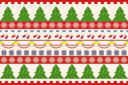 Christmas Design in a Seamless pattern with Christmas trees, gifts, socks, wrapping paper template on a festive background The concept of Christmas, New Year, Christmas Eve. vector