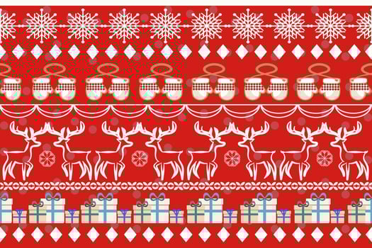 A red Christmas with a gloves, gifts, reindeers, snowflakes, seamless pattern, wrapping paper template on a festive background, The concept of Christmas, New Year, Christmas Eve. vector