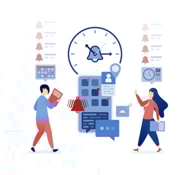 illustration of Scheduling alarms and reminders with smart time management mobile apps to organize agendas, appointments, events, and tasks for efficient time management vector