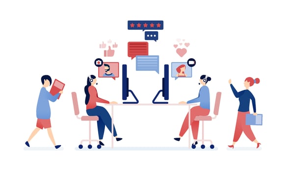 illustration of People collaborating remotely with the help of live and chat, connecting through virtual meetings and enhancing communication for work productivity vector