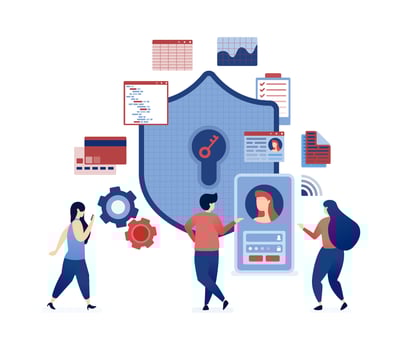 illustration of Face recognition system for data security and user privacy, protecting against data theft with shields, keys, and simplified access controls for safer online interactions vector