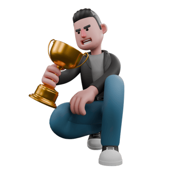 Screenwriter 3D Cartoon Model Design. A male screenwriter is squatting with one leg bent while holding a cup in his right hand. Creative 3D Model png