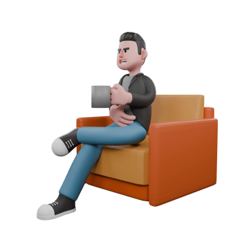 Screenwriter 3D Cartoon Model Design. A male screenwriter is sitting on a sofa with his left hand holding a cup while his right hand is in front of his stomach. Creative 3D Model png