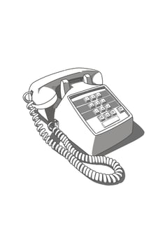 Black and white sketch of a retro landline telephone technology with dial number issolated on white and shadow vector