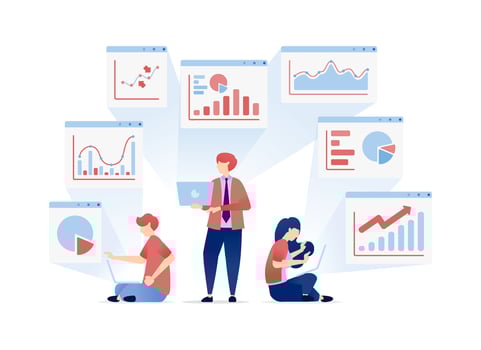 illustration of People Share and Review Financial Portfolios, Discussing Past Data and Planning for Future Achievements. Can be used for banners, websites, apps flyers vector