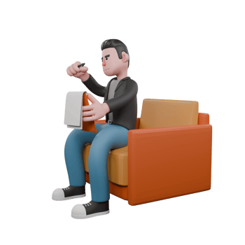 Cartoon 3D Artistic Model. A male screenwriter sits on a sofa holding a clipboard in his left hand and a pen in his right hand . 3D Design png