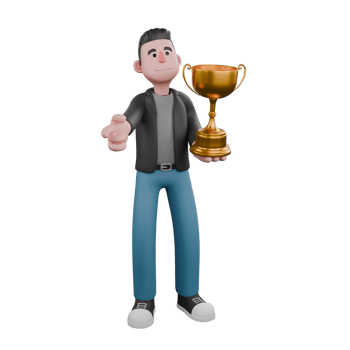 Cartoon-Style 3D Model. A male screenwriter stands with a gold trophy in his left hand and the other hand pointing forward . Cartoon Screenwriter Illustration Design png