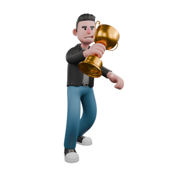 Creative 3D Model. A male screenwriter walks with slow steps with a gold trophy in his left hand. 3D Design png