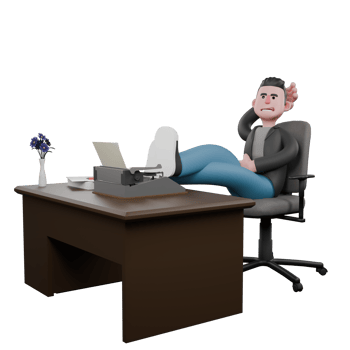 Creative 3D Model. A male screenwriter sits on a chair with his legs crossed on a table, one hand behind his head. Model Design png