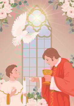 A boy in a suit during the first communion. A priest holds bread, a manifestation of the holy spirit in the form of a white radiant dove. Church member receiving the Eucharist vector
