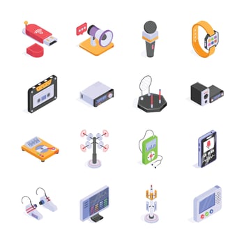 This vibrant isometric design showcases a collection of communication and technology devices, from vintage cassette players to modern smartwatches vector