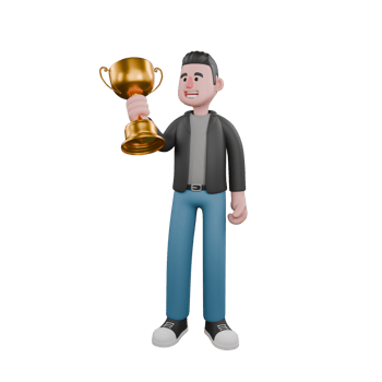 Creative 3D Model. A male screenwriter stands with his right hand holding a trophy while his left hand is beside his body. Artistic Illustration png