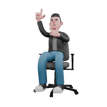 3D Screenwriter Cartoon Design. A male screenwriter sits on a chair with one hand on his chin and the other hand pointing upward with a small smile expression. 3D Artistic Model png