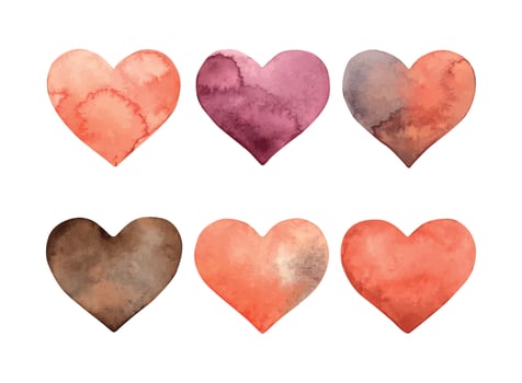 Set of different hearts in red, pink, brown and crimson. Watercolor set of handdrawn illustrations for design and souvenir products of holidays Birthday, wedding, Valentines Day vector