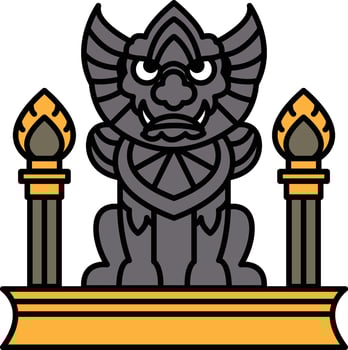 A statue of a dragon with a menacing look on its face stands in front of two lit vector