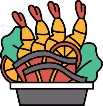 A cartoonish drawing of a bowl of food with shrimp, lettuce, and an orange vector