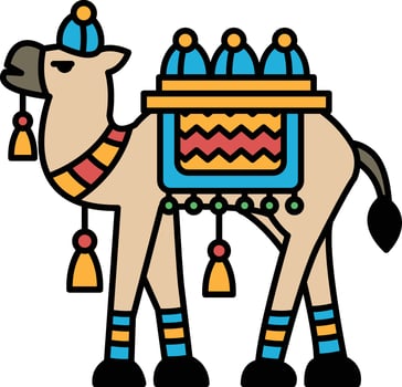 A camel with a colorful saddle and a red and yellow scarf on its neck vector