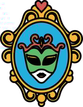 A mask with a green and red face is shown in a frame vector
