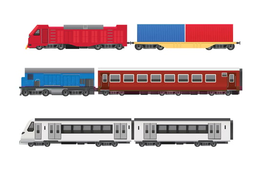 Set of various trains. cargo, Subway transport, Isolated railway transport set vector