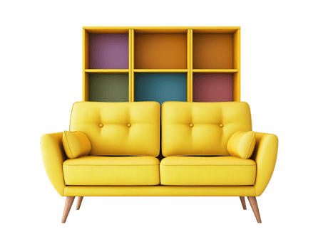 Tufted yellow sofa with vibrant cube-style bookshelf image isolated transparent, . Cozy room seating cut out . Comfortable furniture bookcase cutout element object photography png