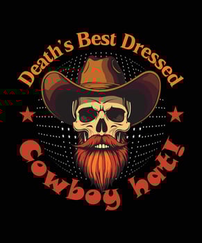 Beard t-shirt design,A colourful skull wearing cowboy hat with beard who says deaths best dressed cowboy hat. vector
