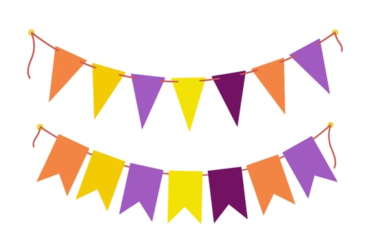 Festive Pennant garland on rope in trendy Halloween colors orange, yellow and purple. Set 2 elements. Isolated illustration Cards, poster, banner, border or web promo, invitations, label, price vector
