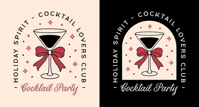 Cocktail lovers party New Years Christmas holiday spirit friendsmas invitation card shirt design martini glass bow illustration funny girls night red black coquette preppy aesthetic cut file vector