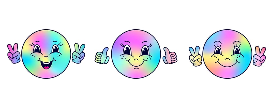 Set of iridescent emoticons in cartoon style. Line art style.Holographic colors. vector