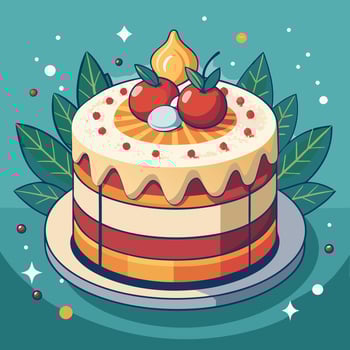 Colorful Christmas dessert with fruits and cream topping on a plate vector